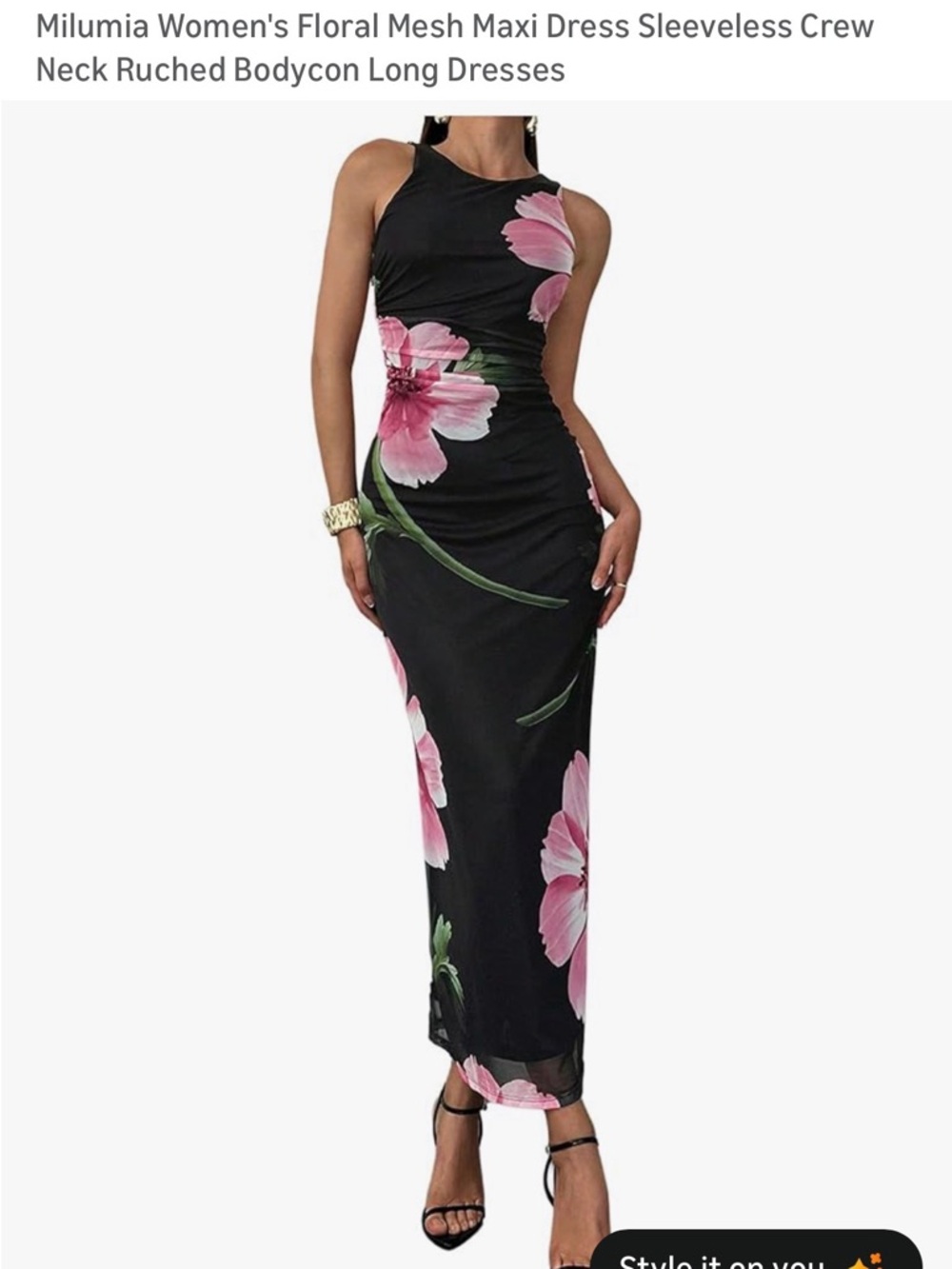 Black Floral Sleeveless Maxi Dress with Pink Blooms